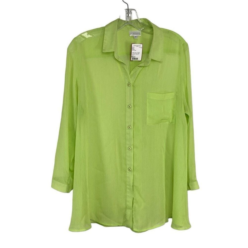Staples S Sheer Green Button Down Top VTG Y2K Art To Wear Lagenlook Vacation